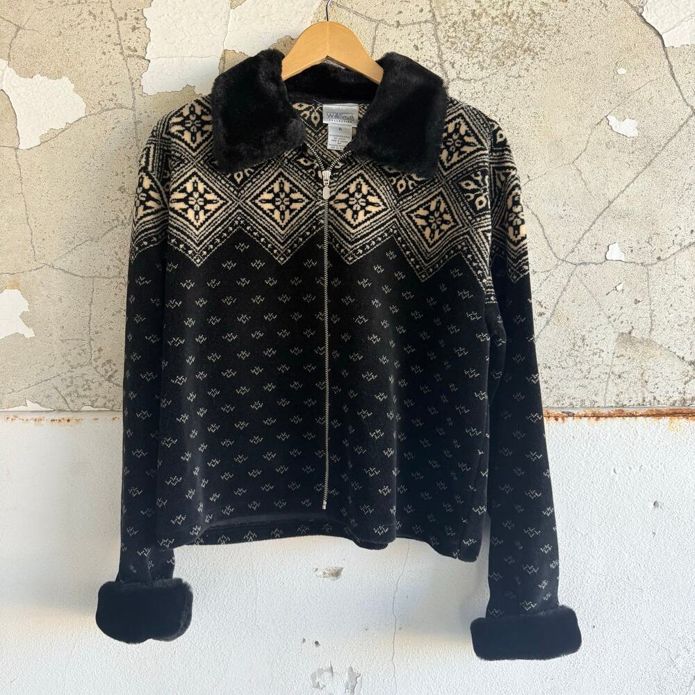 Winter Chic Willi Smith Black & Cream Patterned Zip Up Sweater